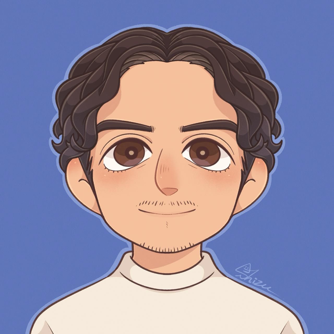 Anime avatar con capelli ricci e barba leggera.