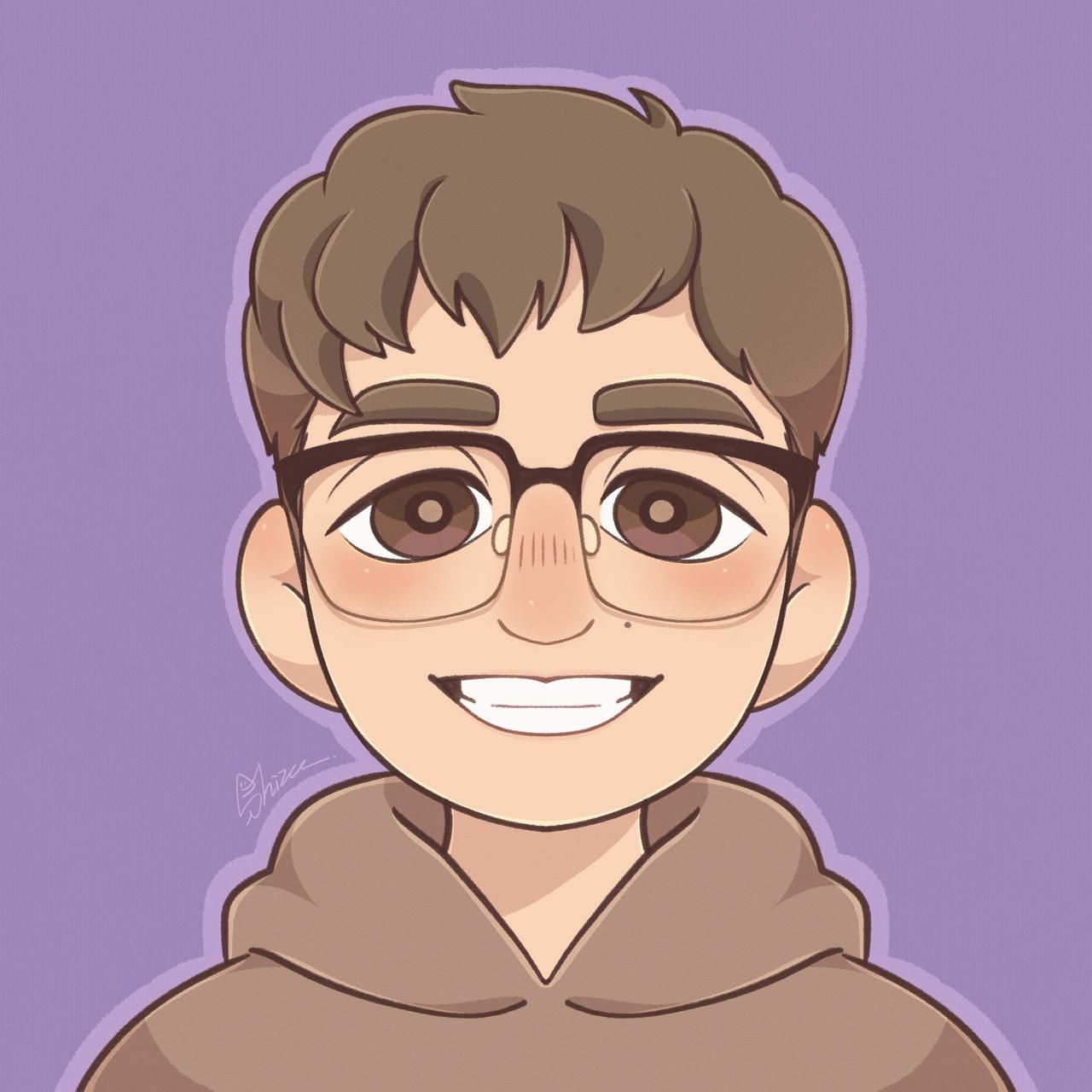 Illustrazione cartoon di una persona sorridente, occhiali.