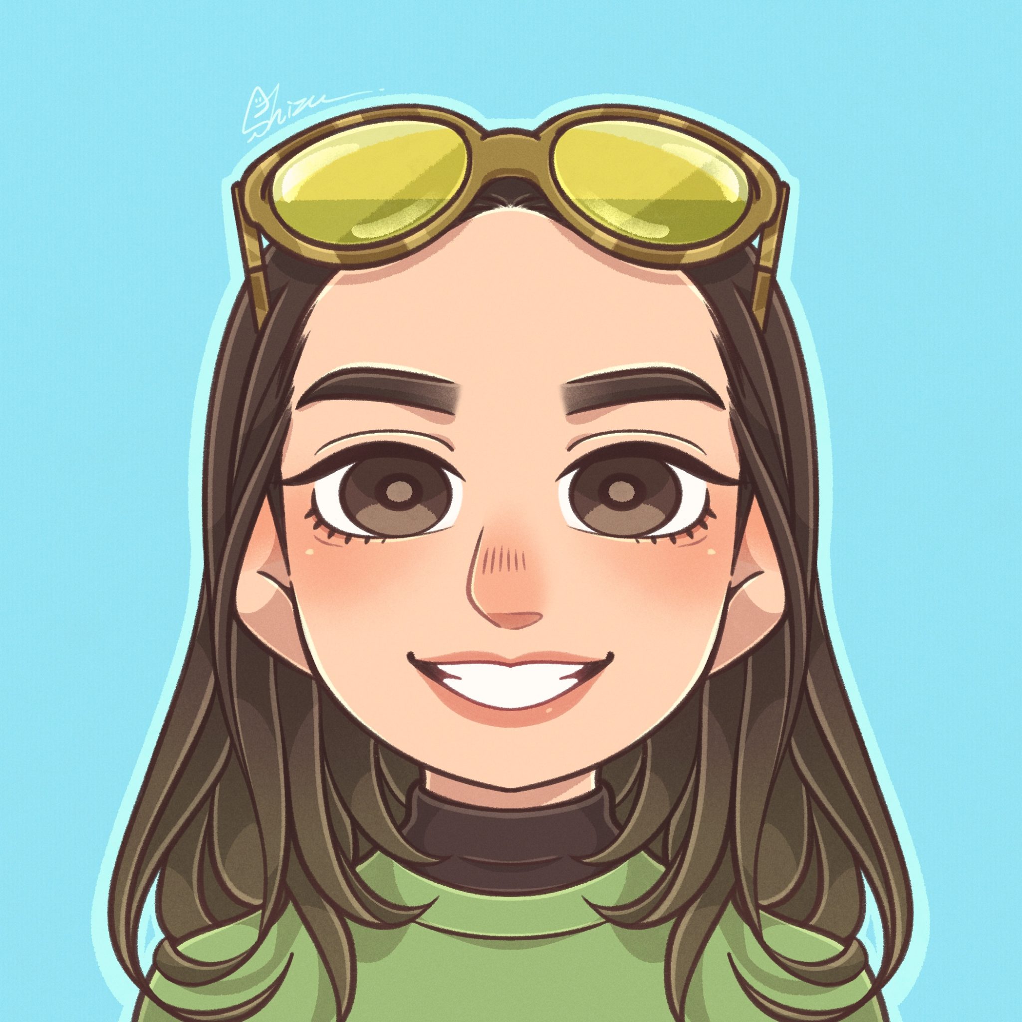 Illustrazione anime di ragazza con occhiali gialli.